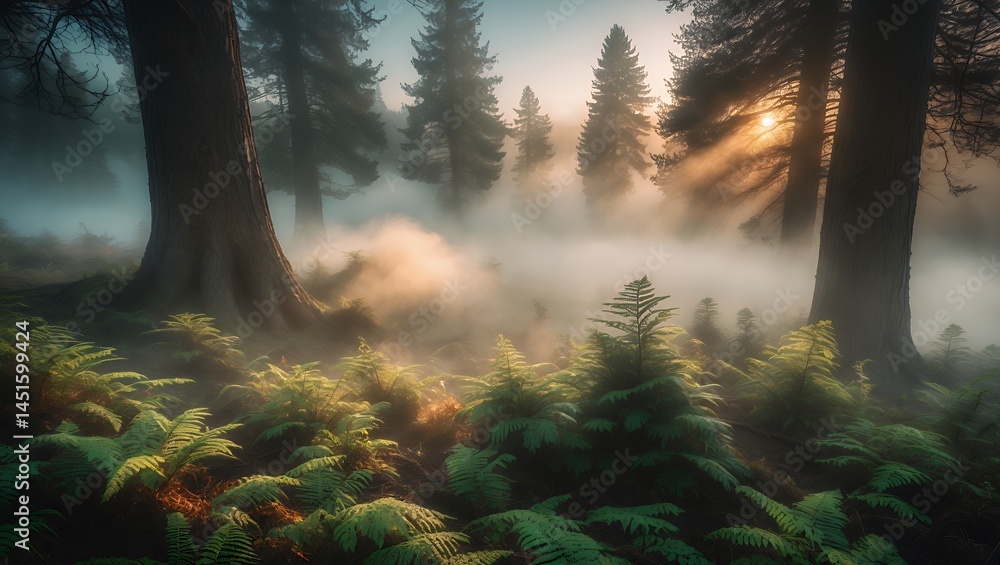 Poster exploring foggy forest scene with ferns and sunlight streaming through trees