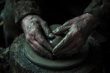 Fototapeta premium Hands of a potter shaping clay on a spinning wheel with focused intensity and skill.