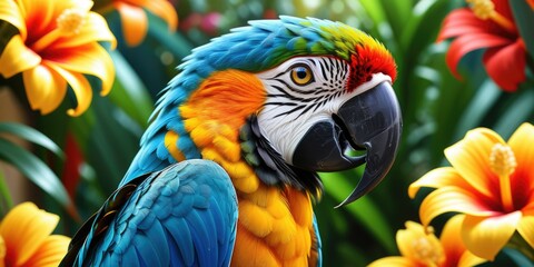 Fototapeta premium Vibrant parrot amidst tropical flowers showcasing colorful feathers
