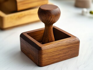 Dark Brown Wooden Stamp in Square Base on Light Background