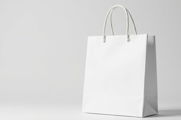 Close-up of a pristine white shopping bag, isolated , handle, fold