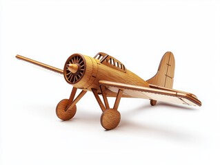 Detailed Wooden Model Airplane on White Background