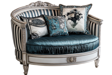 Elegant, curved loveseat with ornate details