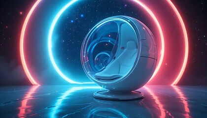Futuristic relaxation pod with neon lighting in a cosmic setting