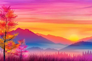  Vibrant sunset over mountains with colorful trees and misty landscape showcasing wildlife and nature's beauty in a serene environment, wildlife concept © foto.katarinka