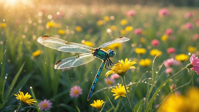 Dragonfly resting on bright yellow flower in summer meadow