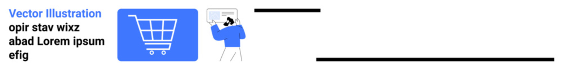 Shopping cart icon beside a user interacting with a screen, symbolizing online shopping. Ideal for e-commerce, digital transactions, marketing, consumer behavior, online marketplaces, sales strategy