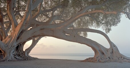 Fototapeta premium A large tree arches over a calm body of water