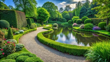 Serene garden scene with lush greenery and neatly trimmed hedges along a winding soil path leading to a serene pond, soil path, serenity