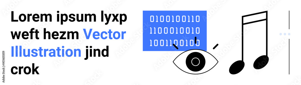 Poster binary code in a blue box, an eye, and music notes representing data, vision, creativity, and inform