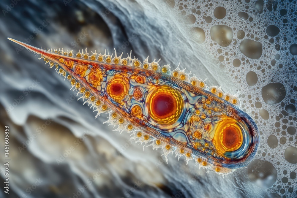 Poster high-resolution microscopic view of a complex, single-celled organism with internal structures, surr