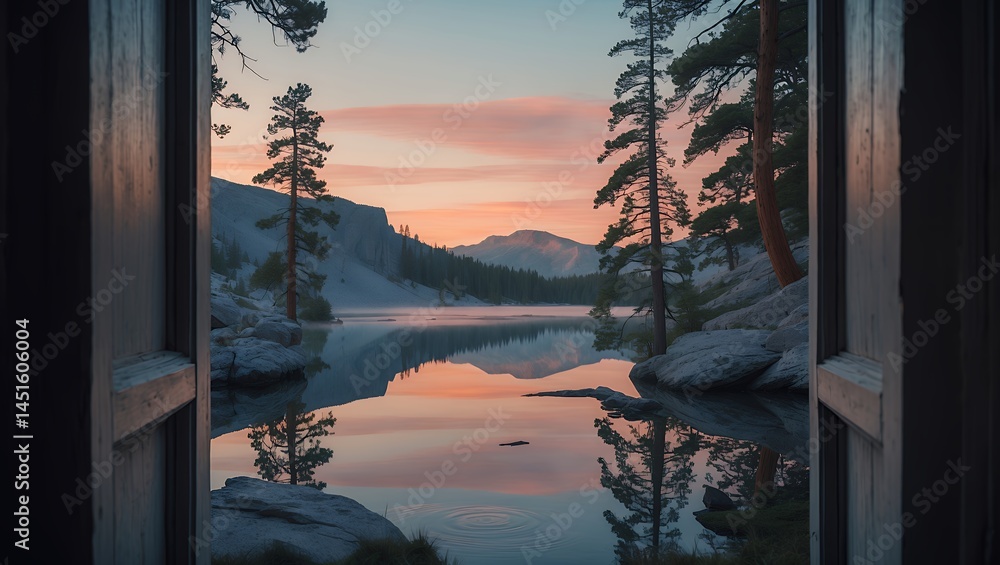Poster lake reflection scene through open window at dusk with mountains