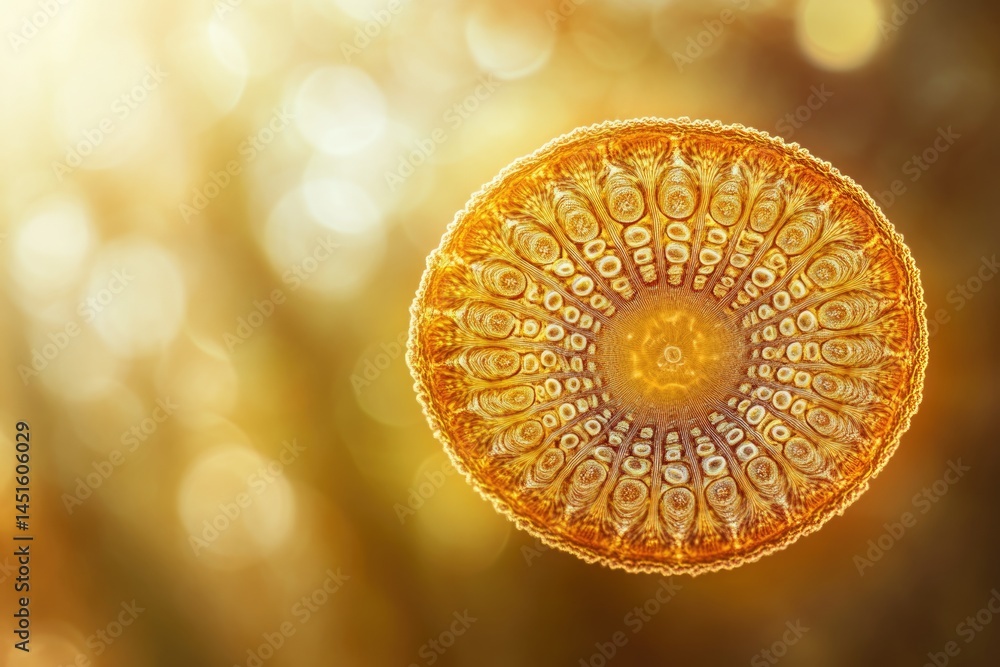 Poster golden, intricate circular object against a bokeh background, resembling a microscopic organism or a