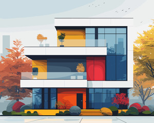 Modern apartment building in the autumn forest. Flat style vector illustration.