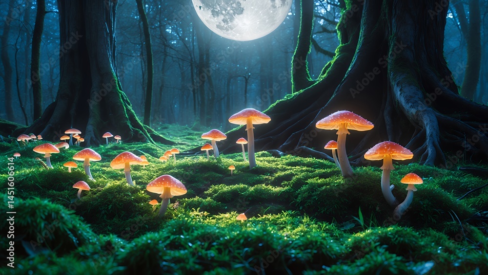 Poster glowing mushrooms in forest with moss and moonlight creating magical scene
