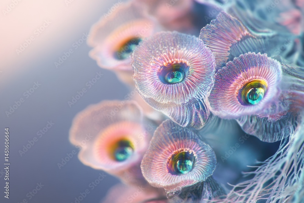 Poster abstract close-up of iridescent, eye-like structures with teal pupils and feathery edges on a gradie