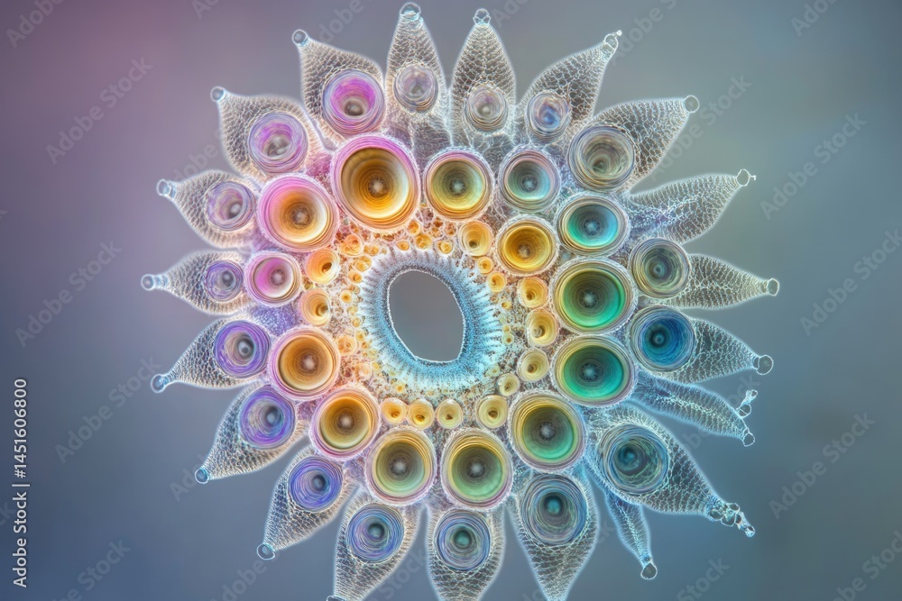 Poster microscopic view reveals a captivating, symmetrical organism with radiant, layered circles arranged 
