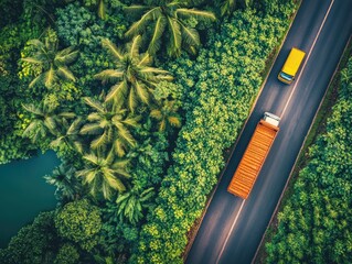 Aerial view of a road through lush tropical vegetation, with trucks and vehicles traversing