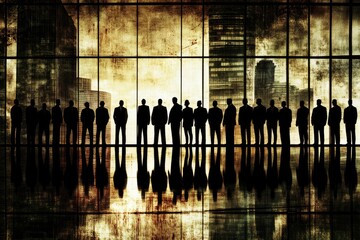 Silhouetted figures of businesspeople stand before a cityscape backdrop.  Dark, moody atmosphere