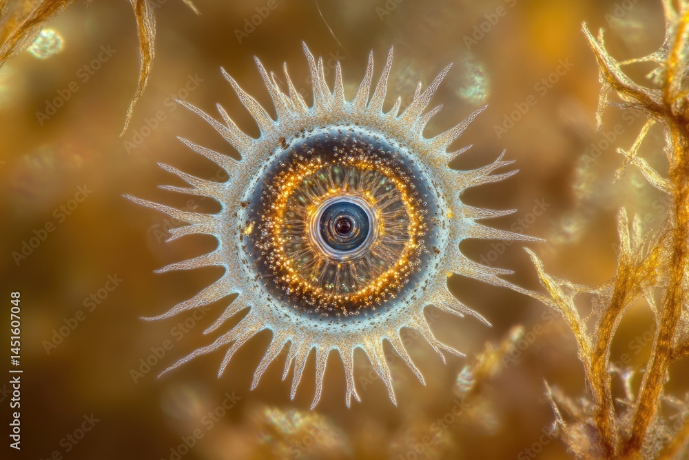 Poster high magnification image showing an eye-like structure with spiky extensions surrounded by complex b