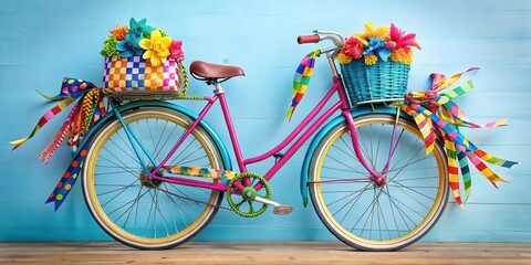 Fototapeta premium A colorful bicycle is adorned with festive ribbons in various patterns and colors, adding a playful touch to the overall design, festive ribbons, ribbon decorations