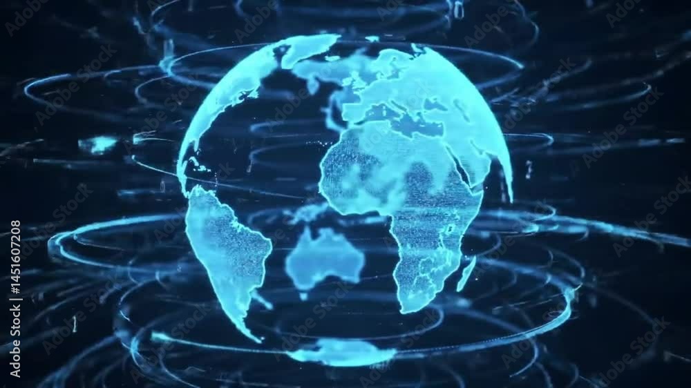 Poster rotating digital globe with data streams visualization