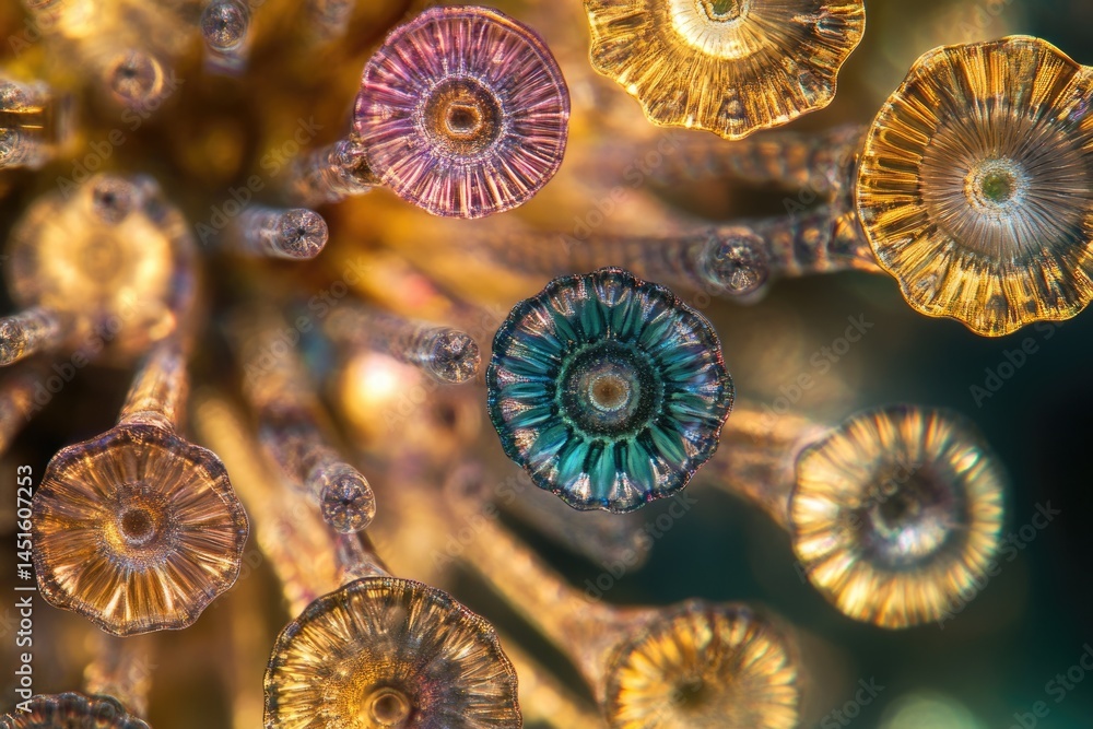 Poster abstract macro shot showcasing a cluster of colorful, symmetrical, mushroom-like structures with ste