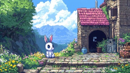 Cute white rabbit outside a quaint stone house in a pixelated landscape