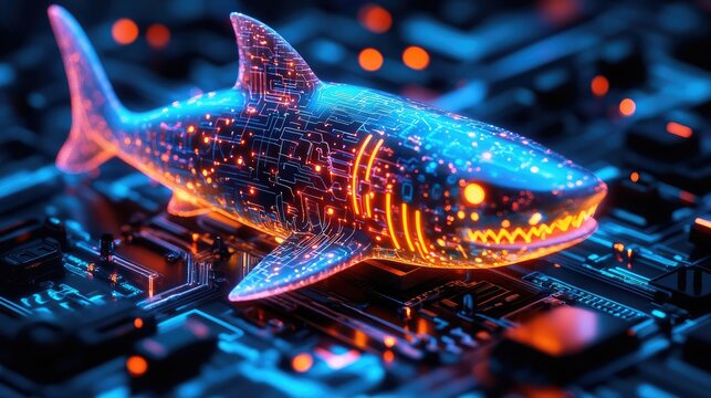 Cybernetic shark on a circuit board, glowing with vibrant digital circuitry - Powered by Adobe
