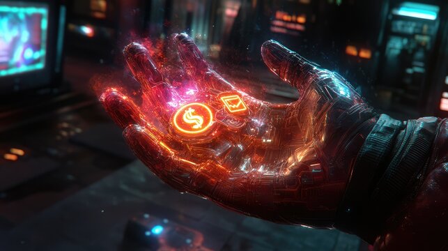 Cyberpunk hand holds glowing digital currency