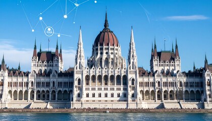 Obraz premium Fusion of historical parliament structure and digital motifs, highlighting the evolution of government through technology