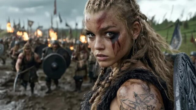 The intense eyes of a resilient Viking shieldmaiden: fearless glare, warrior spirit, strong will, Norse bravery, fierce focus, battle strength, valiant heart, powerful gaze, unwavering courage.