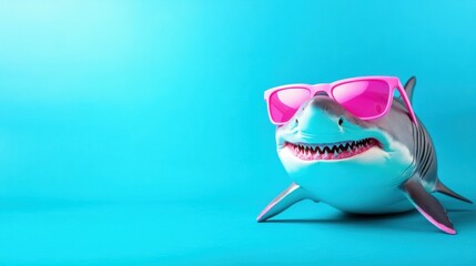 Cute shark wearing stylish pink sunglasses on blue background. Fashionable banner with place for text, conveying vibe of creativity and fun, for advertising and social media