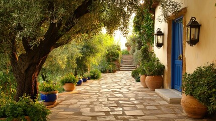 Fototapeta premium Picturesque outdoor walkway with lush greenery and an inviting door