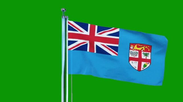 Fiji flag waving in wind, HD green screen video. Fiji flag on pole, seamless green background. Fiji flag footage, no copyright.