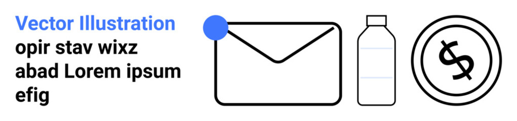 Envelope with notification circle, plastic bottle, and dollar coin outline. Ideal for mail services, eco-awareness, financial topics, e-commerce, sustainability, communication tools global economy
