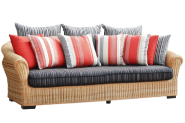 Outdoor wicker sofa with colorful cushions