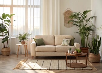 luxury living room, modern living room interior background, beige sofa and pampas grass