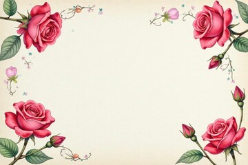 Delicate watercolor rose buds repeat on vintage paper , texture, red