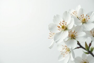 Delicate white blossoms against pure white backdrop, details, airy, nature
