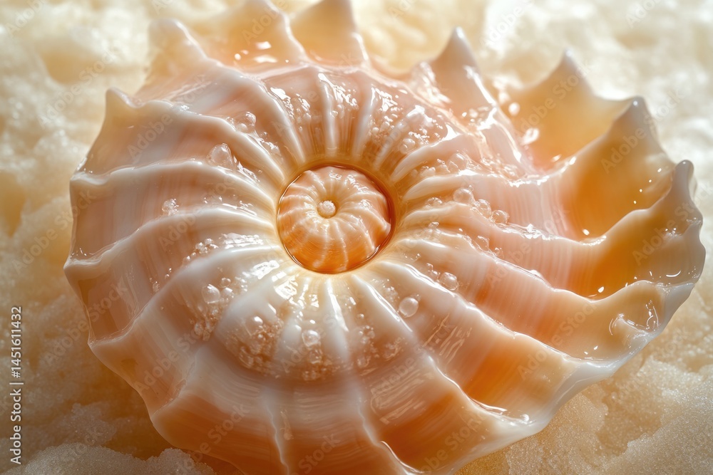 Poster a macro shot reveals a beautiful seashell with intricate patterns and a pearlescent, peachy hue, sit