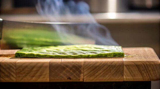 Slicing fresh nopal pads kitchen food preparation bright daylight closeup view culinary art