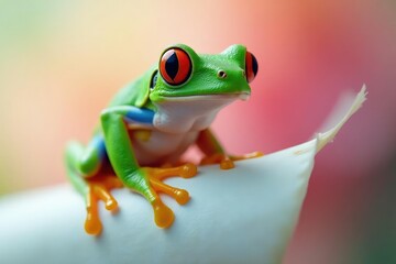 Green tree frog perched on white, vibrant skin, macro, tree frog, isolated animal