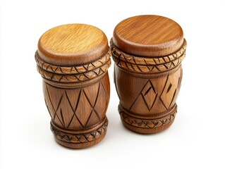 Intricately Carved Pair of Brown Wooden Drums on White Background