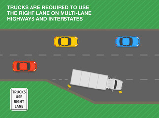 Safe driving tips and traffic regulation rules. "Trucks use right lane" sign area. Top view of semi-trailer changing the lane on highway. Flat vector illustration template.