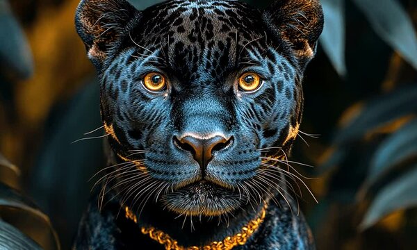 Majestic black panther with striking golden eyes amidst lush green foliage in a vibrant jungle