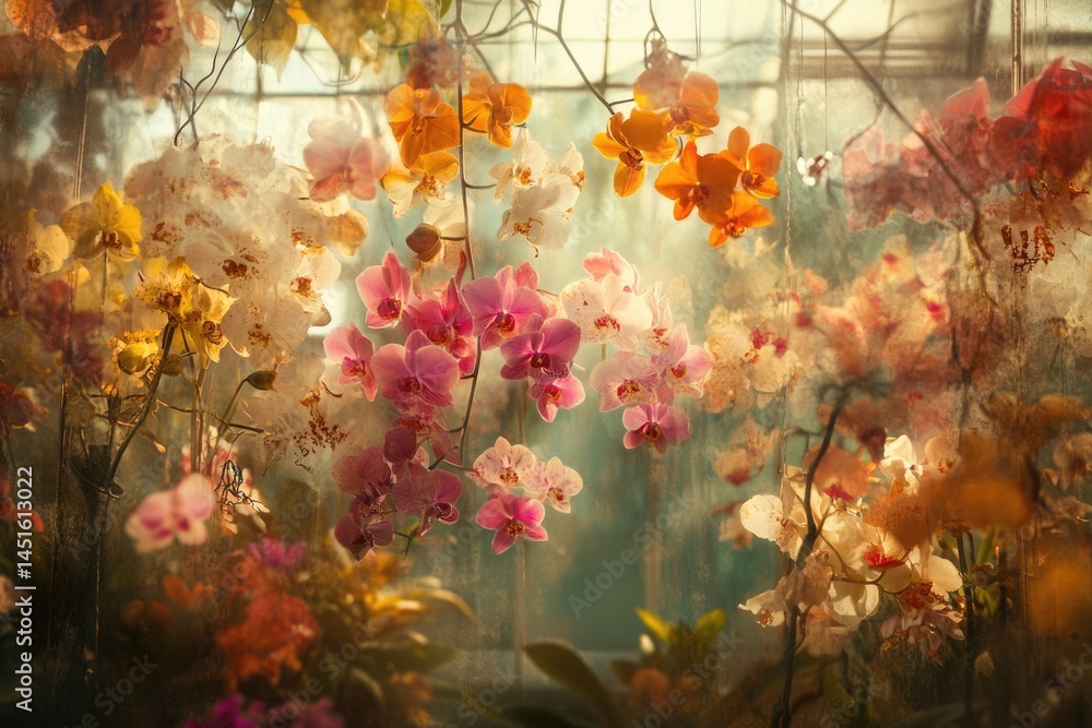 Poster a dreamy greenhouse scene with cascading orchids in various hues, softly lit and creating a painterl