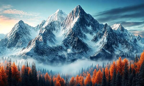 Majestic snow-capped mountains rise above a forest of vibrant autumn foliage at sunrise