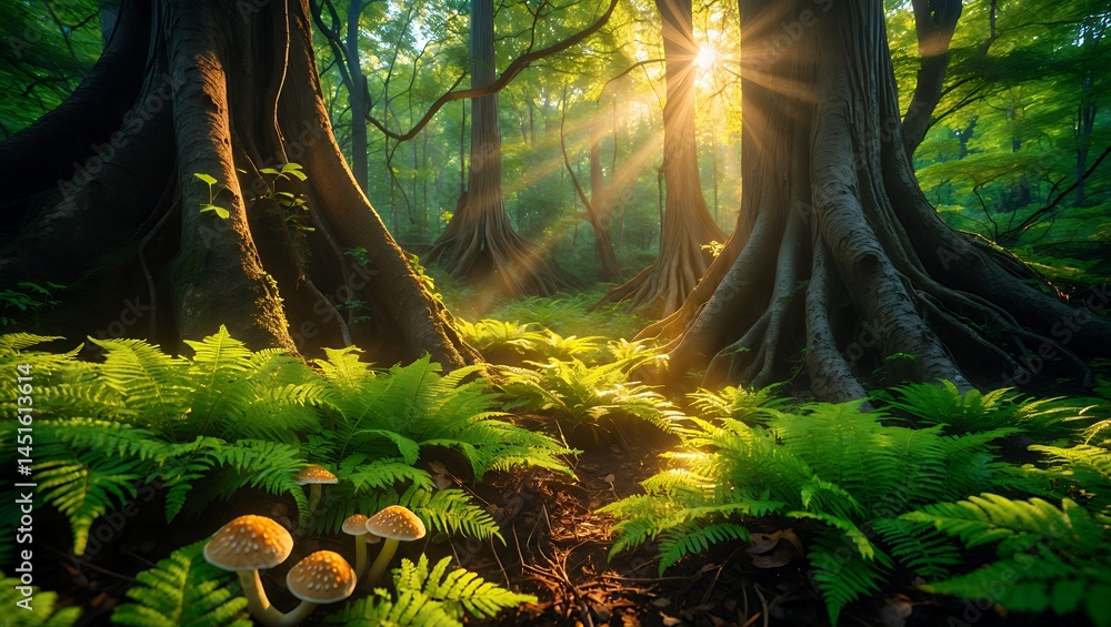 Poster sun rays through forest canopy with ferns and mushrooms below