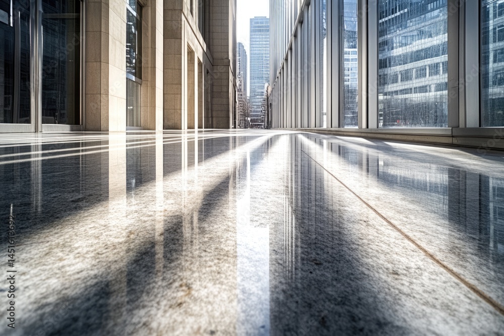 Poster modern architecture is reflected on shiny stone floor, with skyscrapers in the background creating a